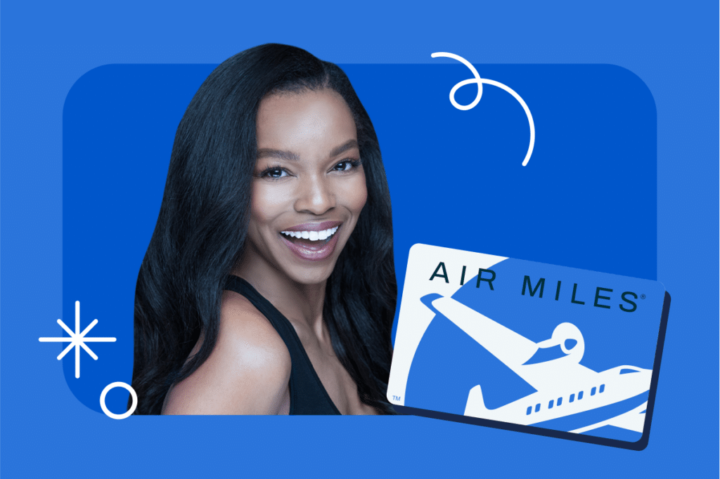 A headshot of a real AIR MILES collector with an illustrated blue background