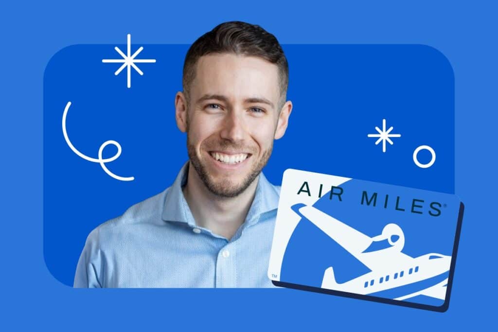 A headshot of a real AIR MILES collector with an illustrated blue background