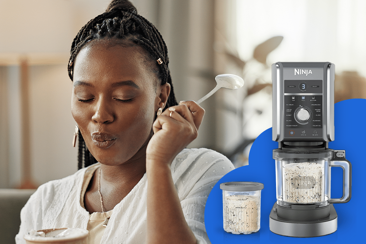 woman enjoying ninja creami made ice cream