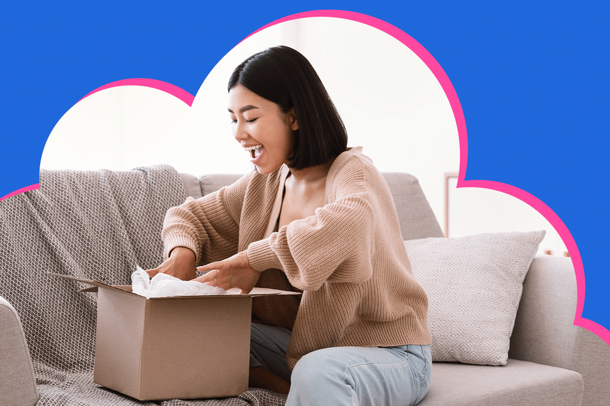 happy air miles customer opening a delivery purchase